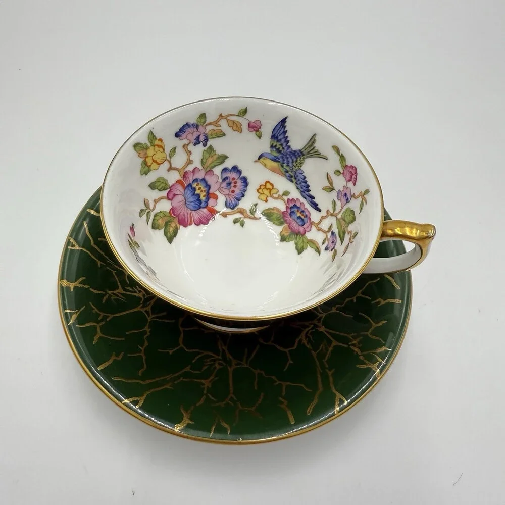 Aynsley Bone China Pembroke Pattern English Dark Green Floral Bird Crackle-like